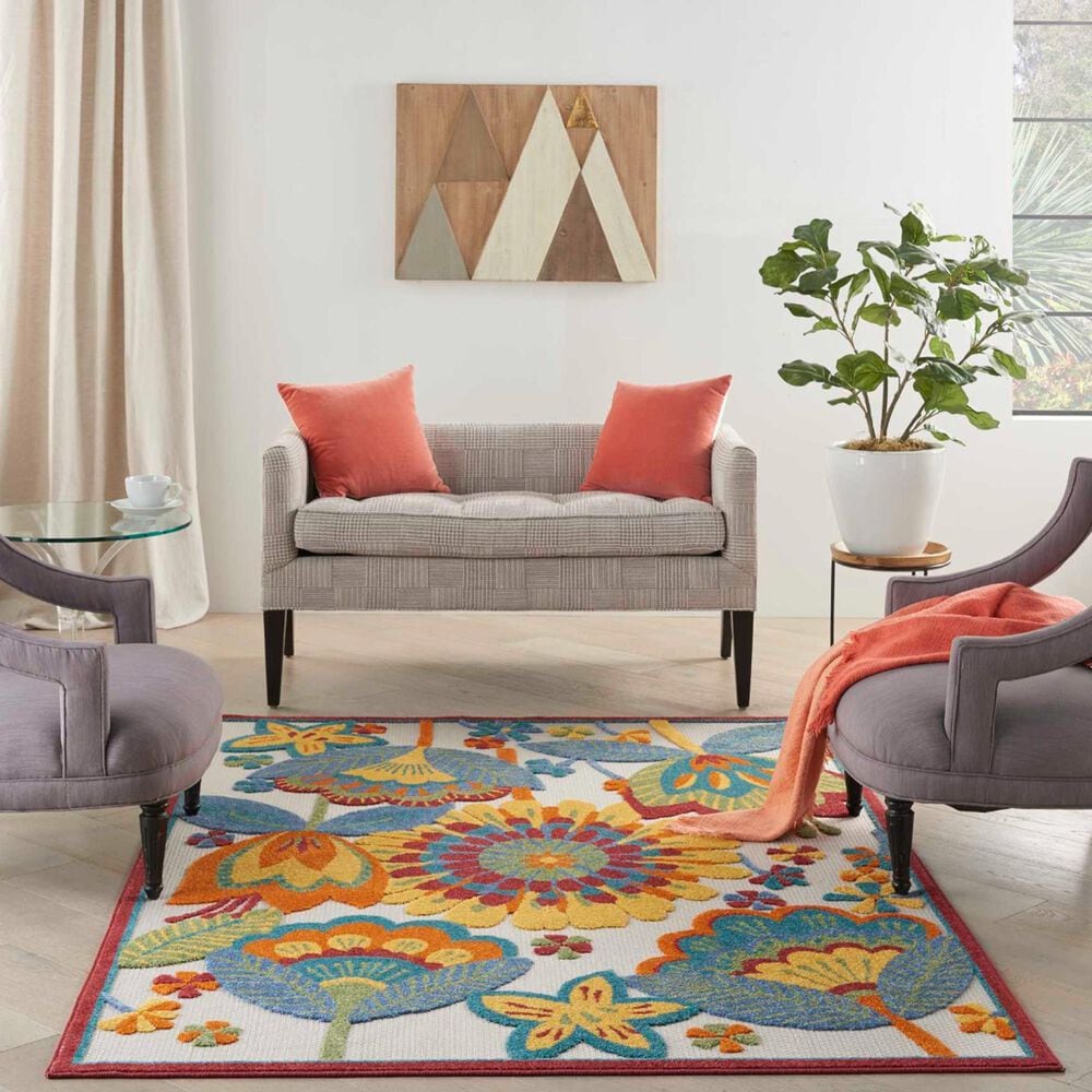 Nourison Aloha 3&#39;6&quot; x 5&#39;6&quot; Bright Blue, Neutral Ivory, Yellow and Red Indoor/Outdoor Area Rug, , large