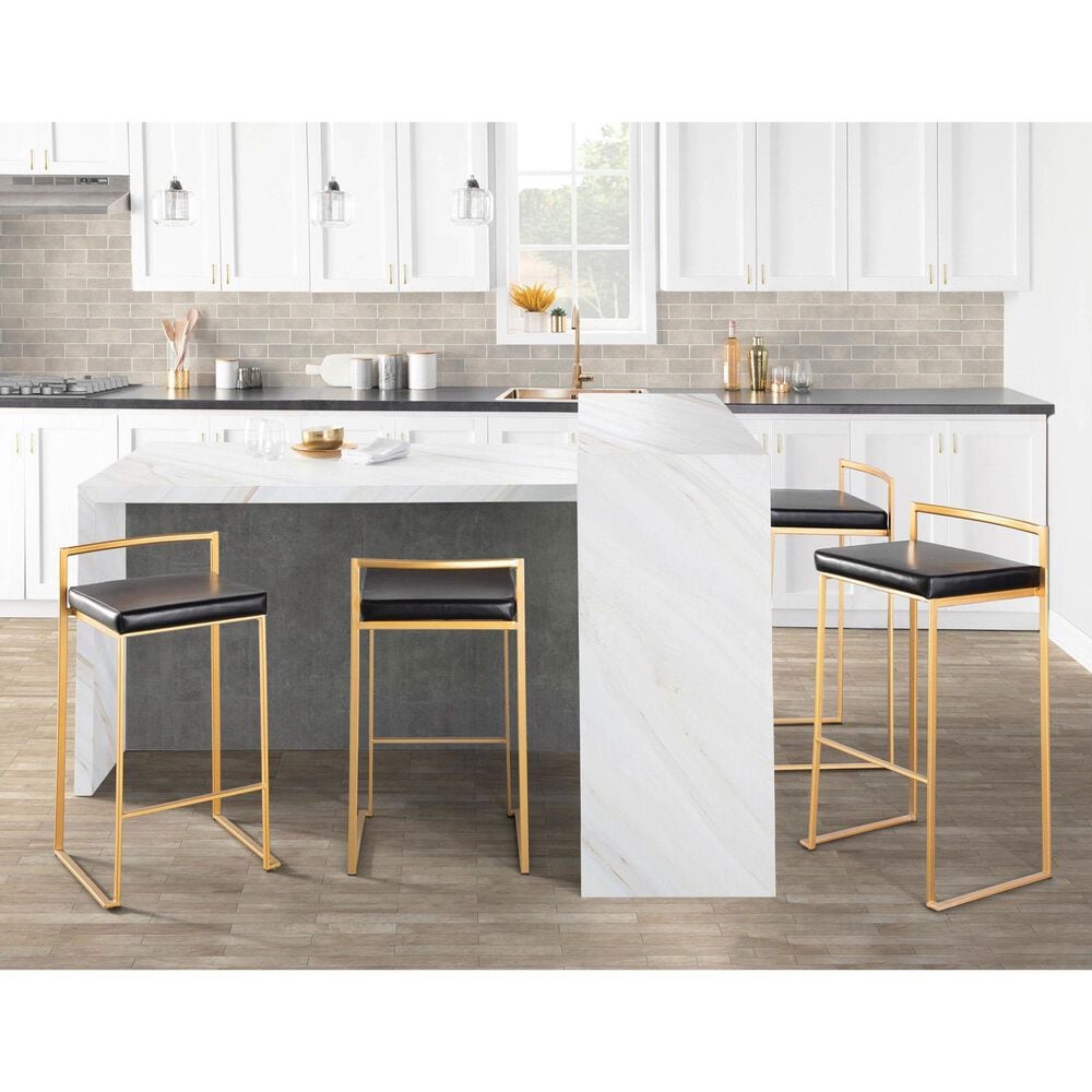 Lumisource Fuji Stackable Barstool with Black Faux Leather in Gold &#40;Set of 2&#41;, , large