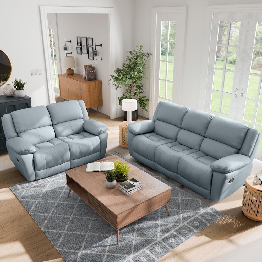 Furniture of America Glarus Manual Recliner Sofa and Loveseat Set in Powder Blue, , large