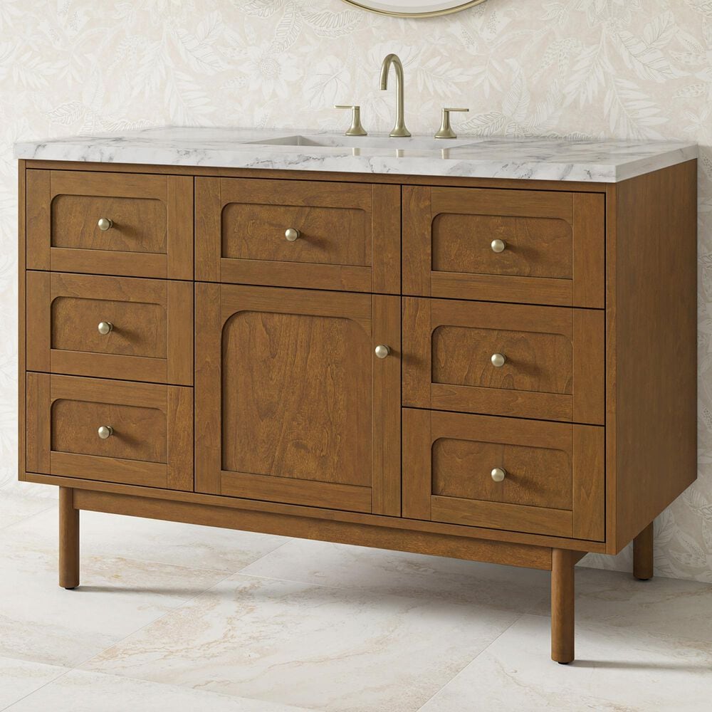 James Martin Laurent 48" Single Bathroom Vanity in Honey Oak with 3 cm Carrara Marble Top and Rectangular Sink, , large