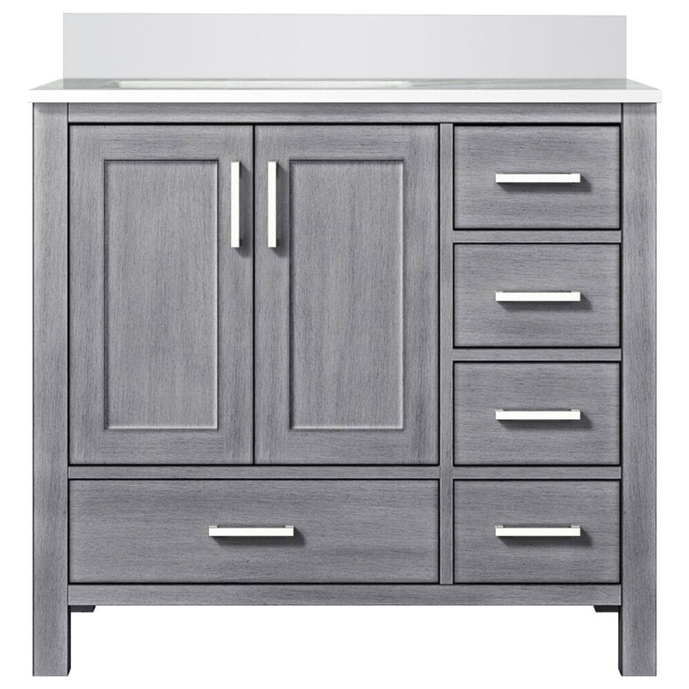 Lexora Home Jacques 36" Left Offset Single Bathroom Vanity in Distressed Grey with 2 cm White Quartz Top and Rectangular Sink, , large