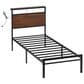 HOMLUX Industrial Twin Platform Bed with LED Headboard and Charging Station in Rustic Brown, , large