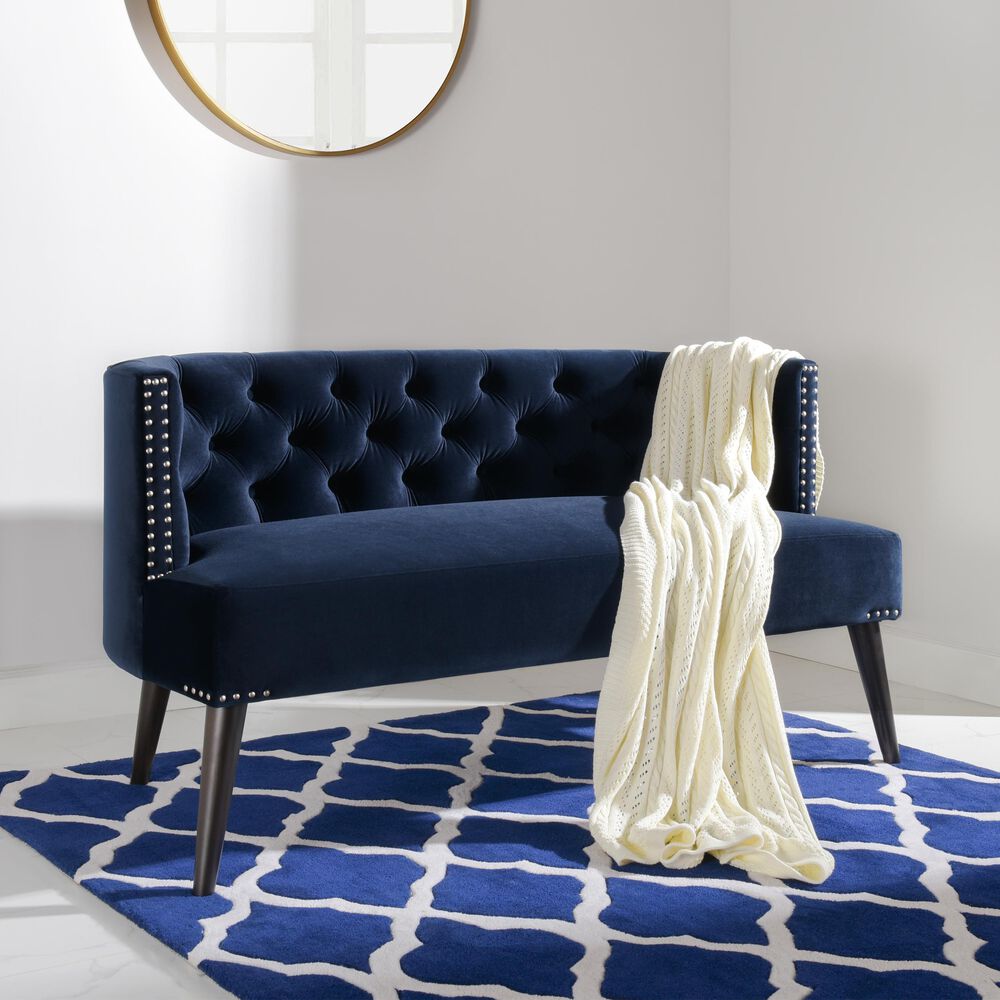 Jennifer Taylor Home Celine Tufted Settee Nailhead Accents in Dark Navy