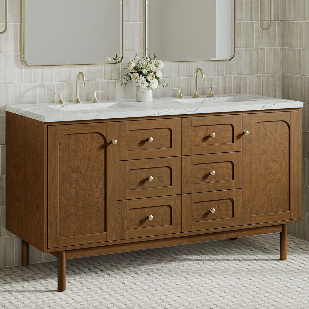 James Martin Laurent 60" Double Bathroom Vanity in Honey Oak with 3 cm Ethereal Noctis Silestone Top and Rectangular Sinks, , large