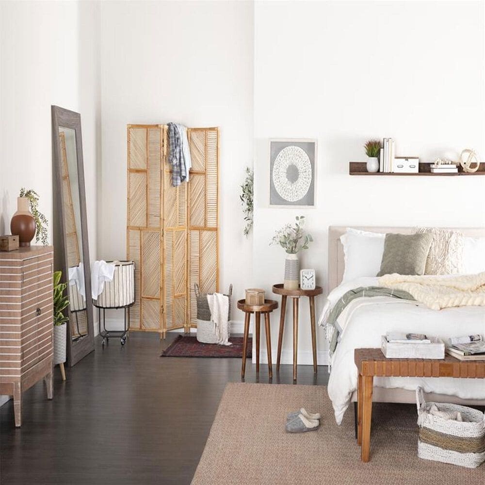 Maple and Jade 3-Panel Geometric Partition Room Divider Screen in Oiled Brown, , large