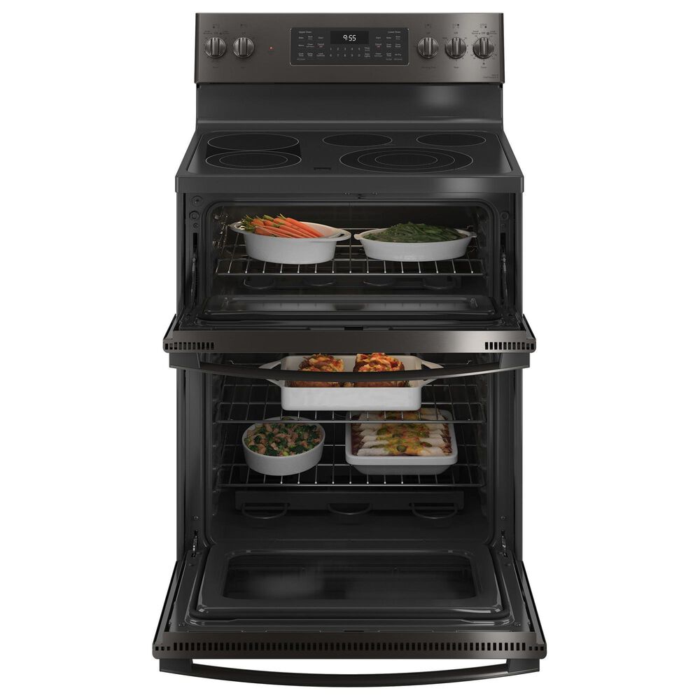 GE Profile Profile 2-Piece Kitchen Packages with 30&quot; Electric Double Oven Range and 1.7 Cu. Ft. Over-the-Range Microwave Oven in Fingerprint Resistant Black Stainless Steel, , large