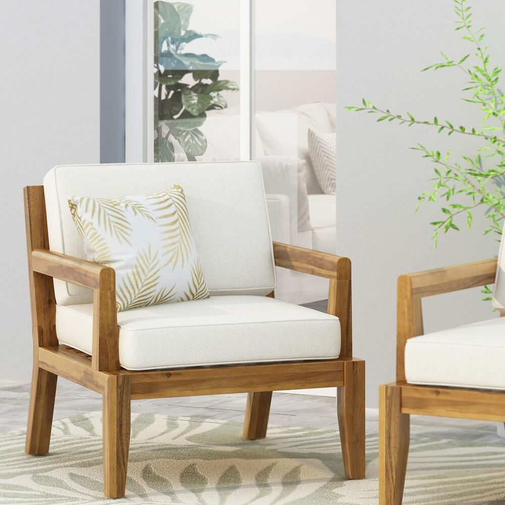 Hearth and Haven Outdoor Wood Club Chair with Beige Cushion in Teak, , large