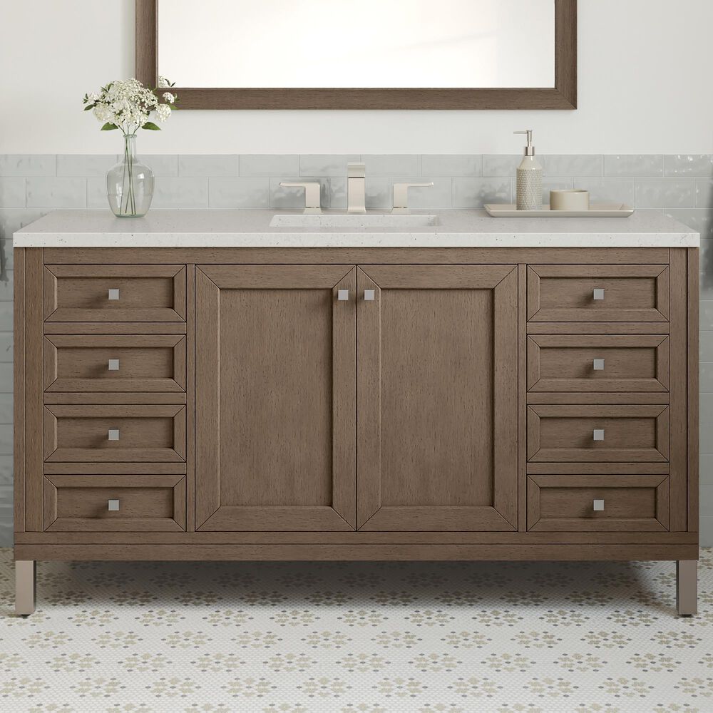 James Martin Vanities Chicago 60&quot; Single Bathroom Vanity in Whitewashed Walnut with 3 cm Lime Delight Quartz Top and Rectangular Sink, , large