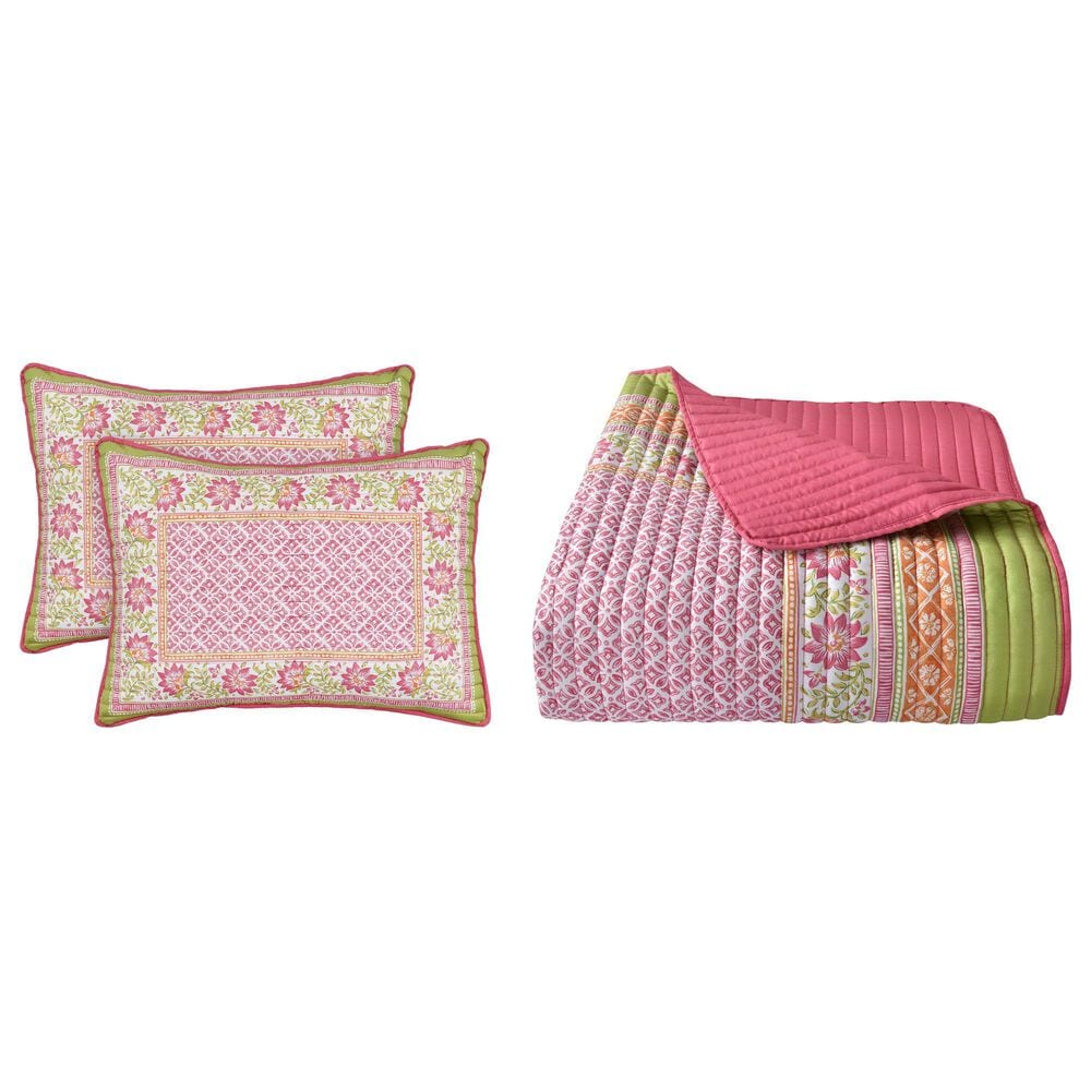 J. Queen New York Shiloh 3-Piece Full/Queen Quilt Set in Pink, Green and Orange, , large