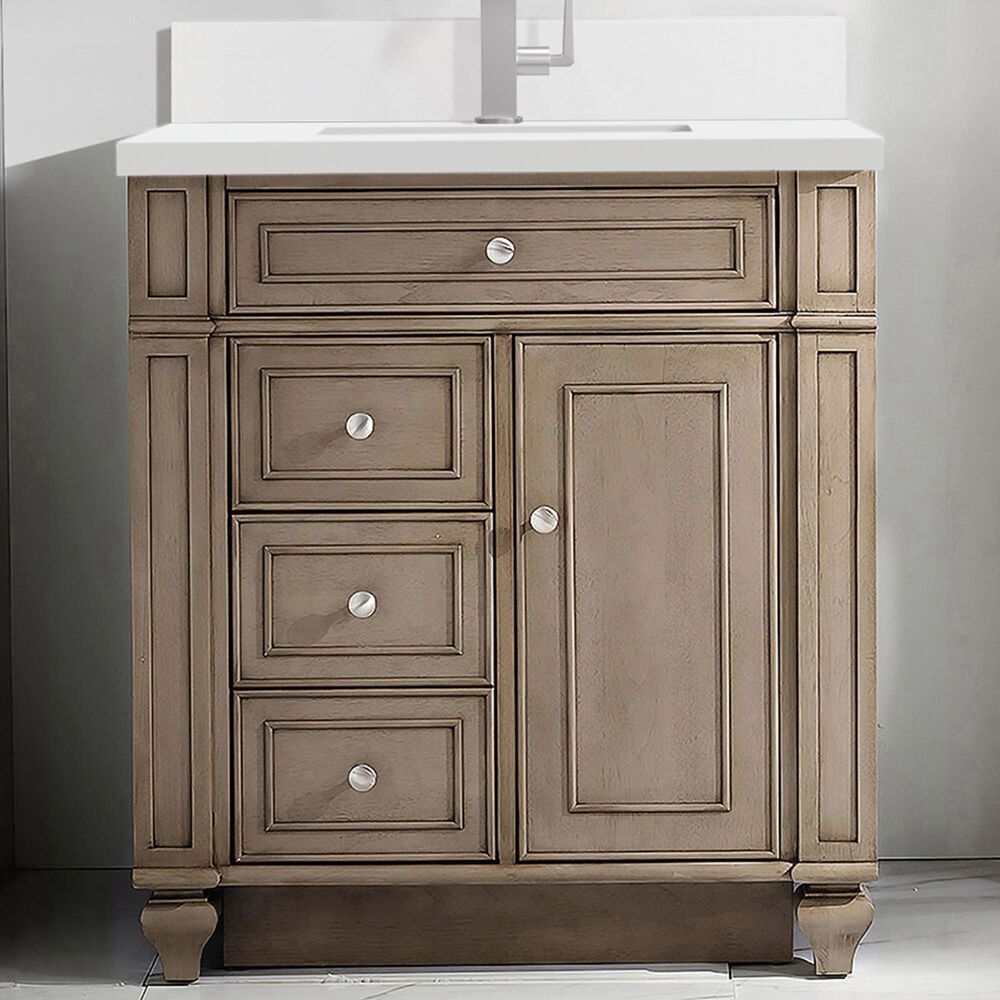 James Martin Vanities Bristol 30&quot; Single Bathroom Vanity in Whitewashed Walnut with Single Hole 3 cm White Zeus Quartz Top and Rectangular Sink, , large