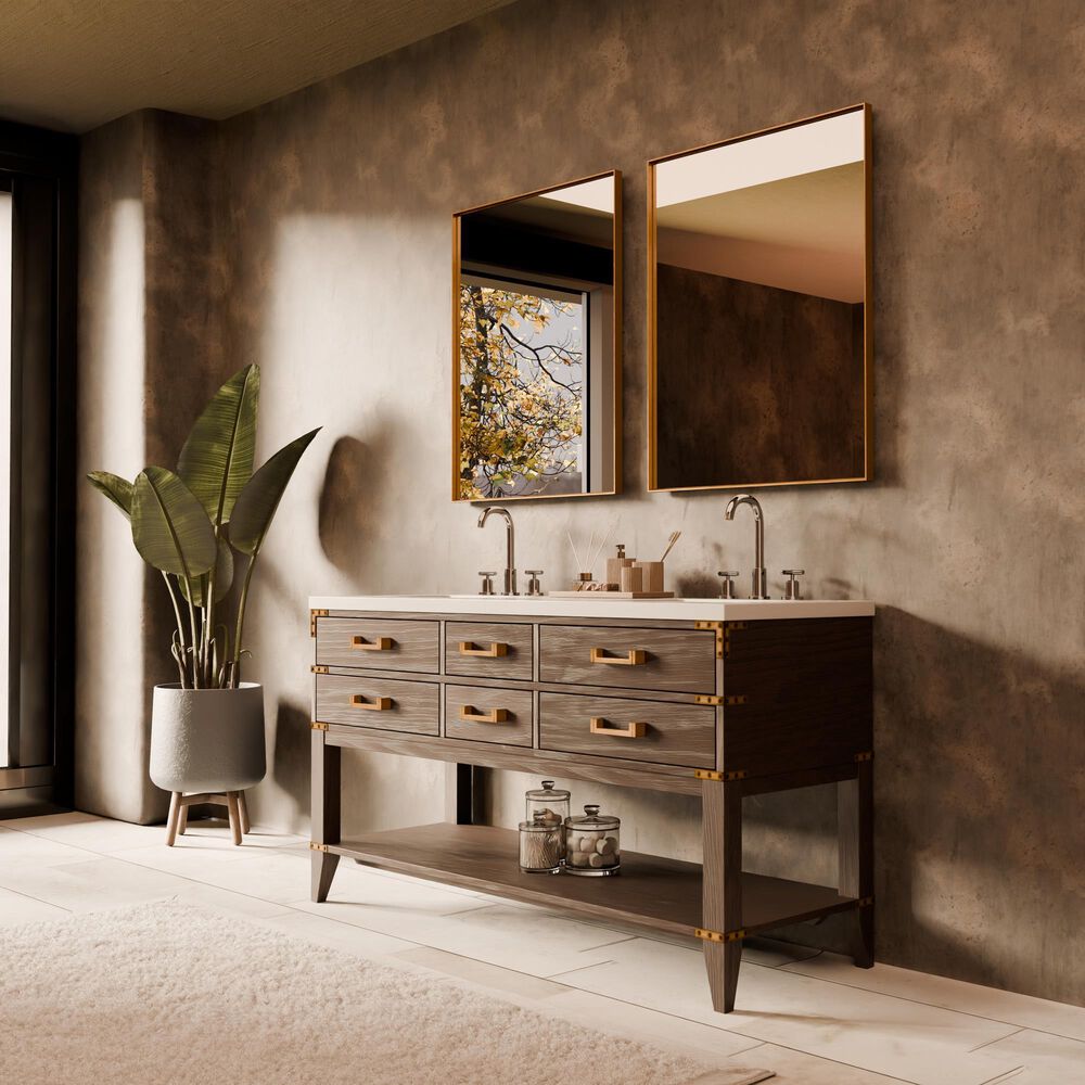 Lexora Home Norwalk 60" Double Bathroom Vanity in Brown Oak with White Cultured Marble Top  and Rectangle Sink, , large