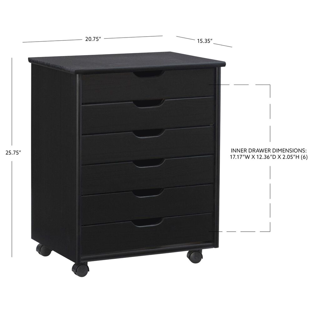 Linon Home Decor Cary 6-Drawer Wide Rolling Cart in Black, , large