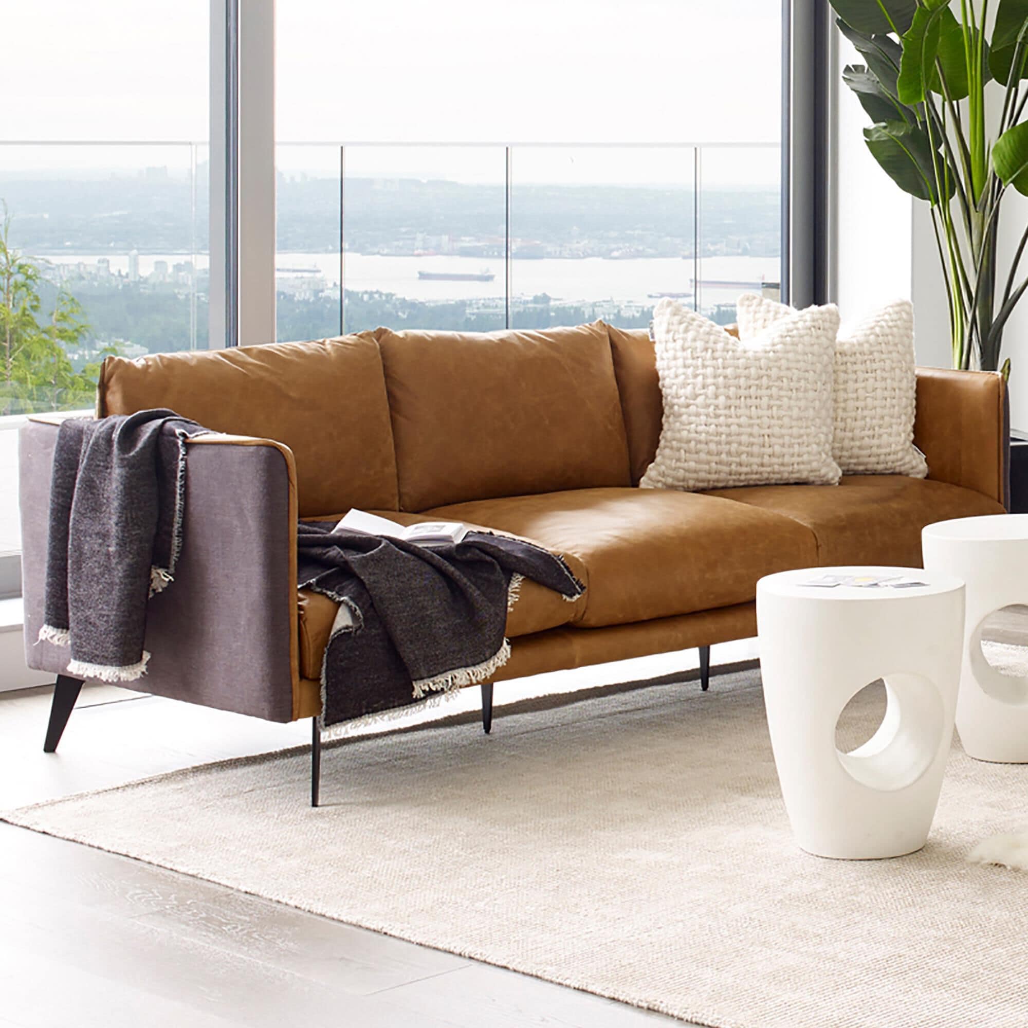 Moe s Home Collection Messina Stationary Leather Sofa in Brown NFM
