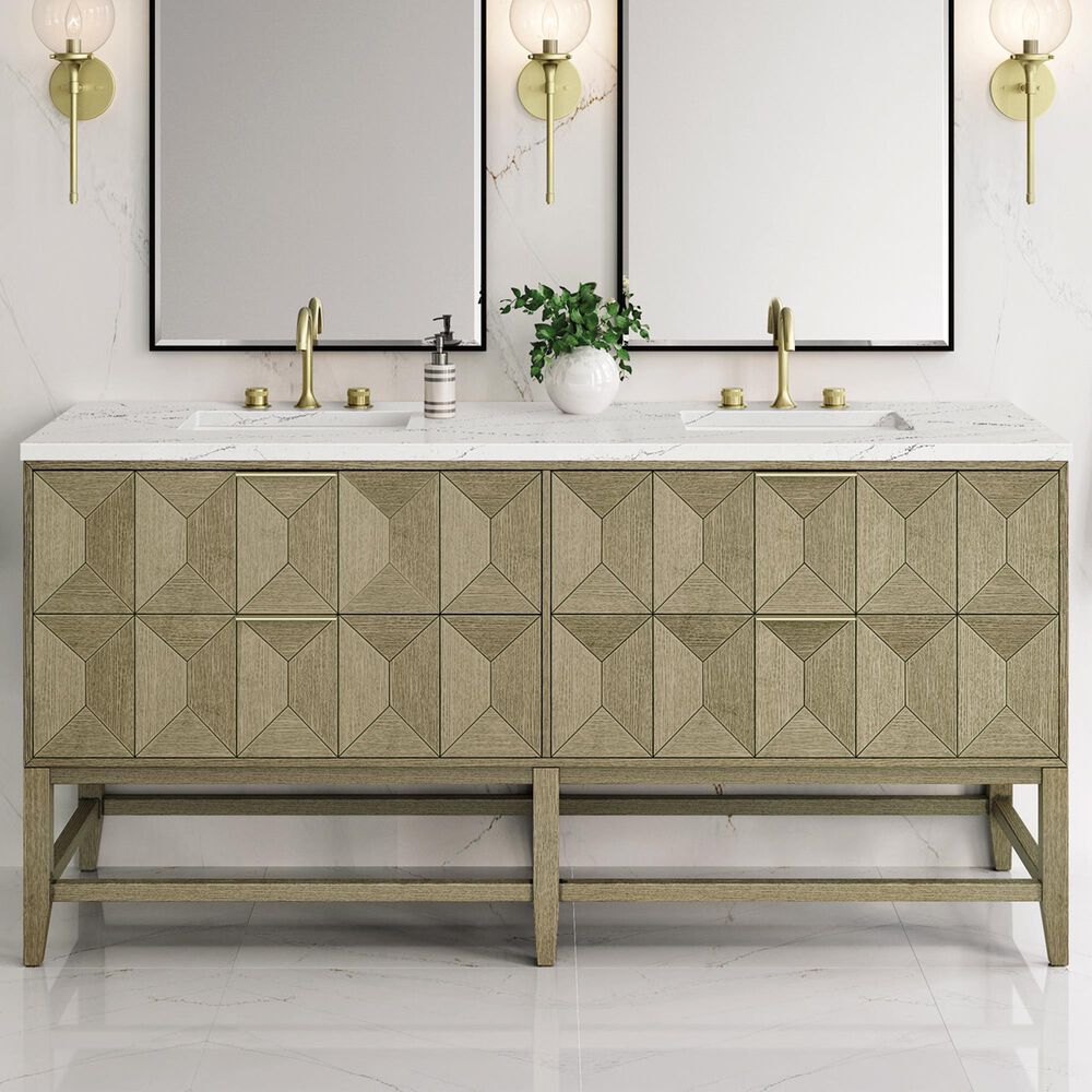 James Martin Vanities Emmeline 72" Double Bathroom Vanity in Pebble Oak with 3 cm Ethereal Noctis Quartz Top and Rectangular Sinks, , large