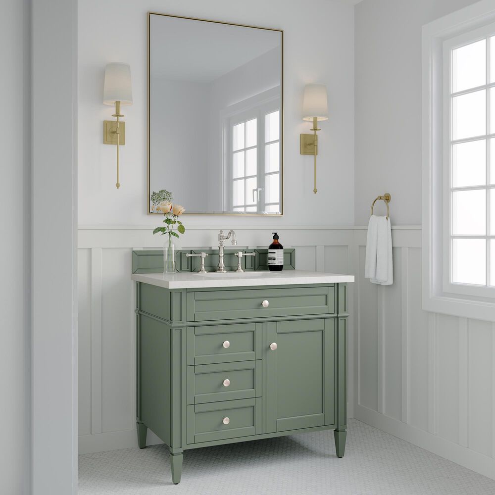 James Martin Vanities Brittany 36" Single Bathroom Vanity in Smokey Celadon with 3 cm White Zeus Quartz Top and Rectangular Sink, , large