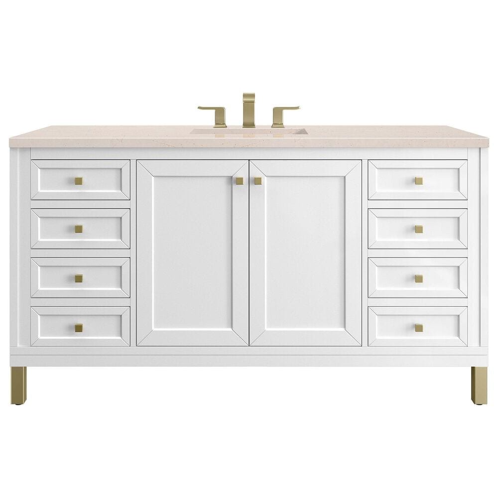 James Martin Vanities Chicago 60" Single Bathroom Vanity in Glossy White with 3 cm Eternal Marfil Quartz Top and Rectangular Sink, , large