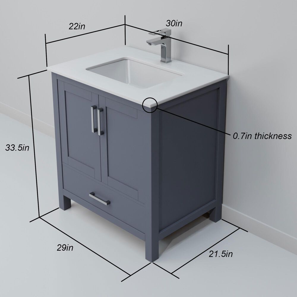 Lexora Home Jacques 30" Single Bathroom Vanity in Dark Grey with 2 cm White Quartz Top and Rectangular Sink, , large