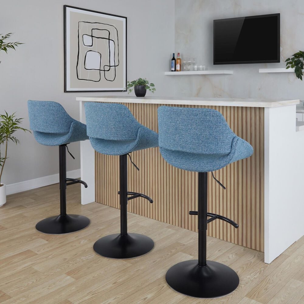 LumiSource Fabrico Swivel Adjustable Bar Stool with Blue Noise Fabric Upholstery and Rounded T Footrest in Black (Set of 2), , large