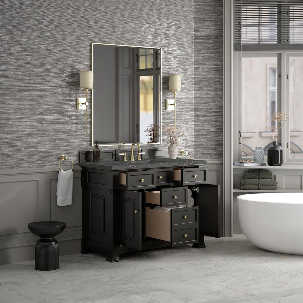 James Martin Vanities Brookfield 48" Single Bathroom Vanity in Black Onyx with 3 cm Parisien Bleu Silestone Top, Rectangle Sink and FreePower Wireless Charger, , large