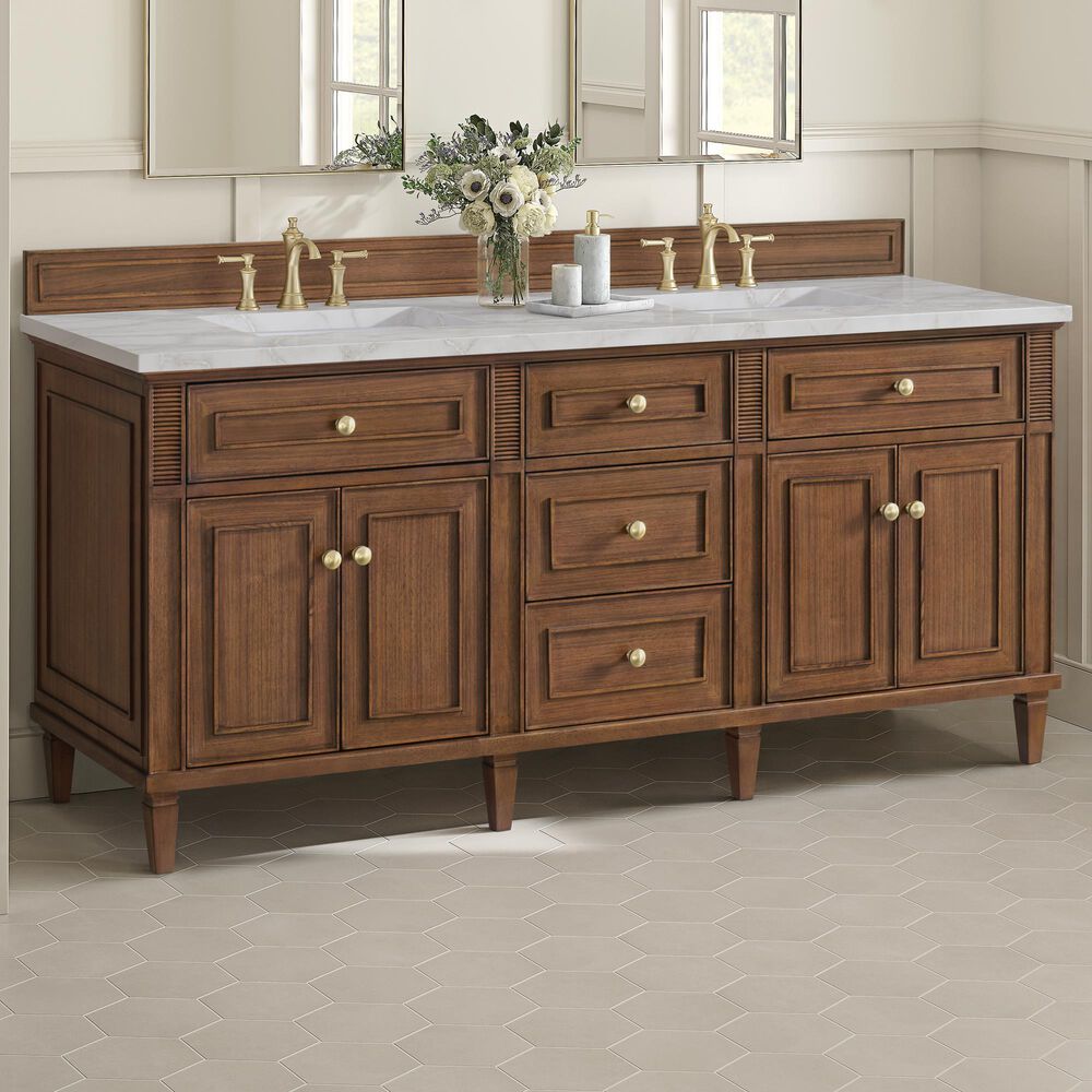 James Martin Vanities Lorelai 72" Double Bathroom Vanity in Mid-Century Walnut with 3 cm Eternal Jasmine Pearl Silestone Top, Rectangular Sinks and FreePower Wireless Charger, , large