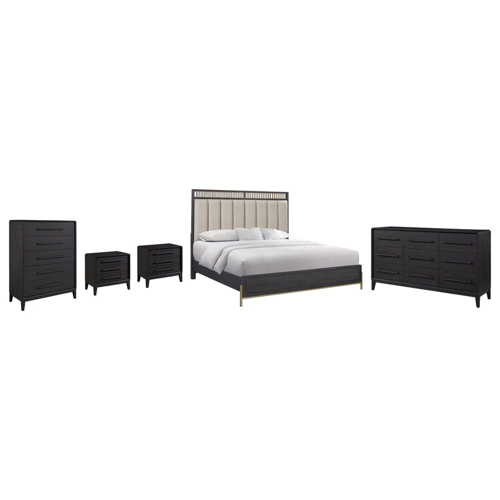 Sterling Timber Elure King Upholstered and Strap Panel Bed with Dresser Chest and 2 Nightstands in Peppercorn, , large