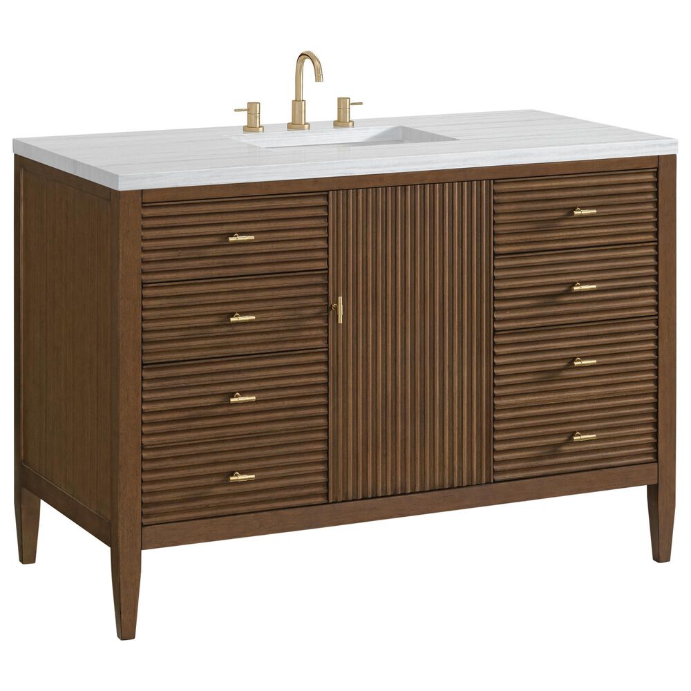 James Martin Vanities Myrrin 48" Vanity in Mid-Century Walnut with 3 cm Arctic Fall Solid Surface Top, , large