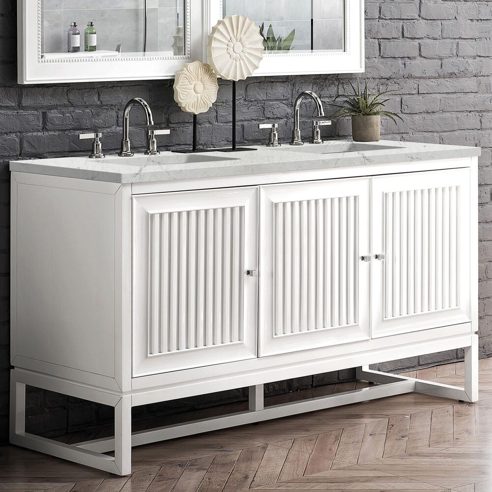 James Martin Vanities Athens 60&quot; Double Bathroom Vanity in Glossy White with 3 cm Eternal Jasmine Pearl Quartz Top and Rectangular Sinks, , large