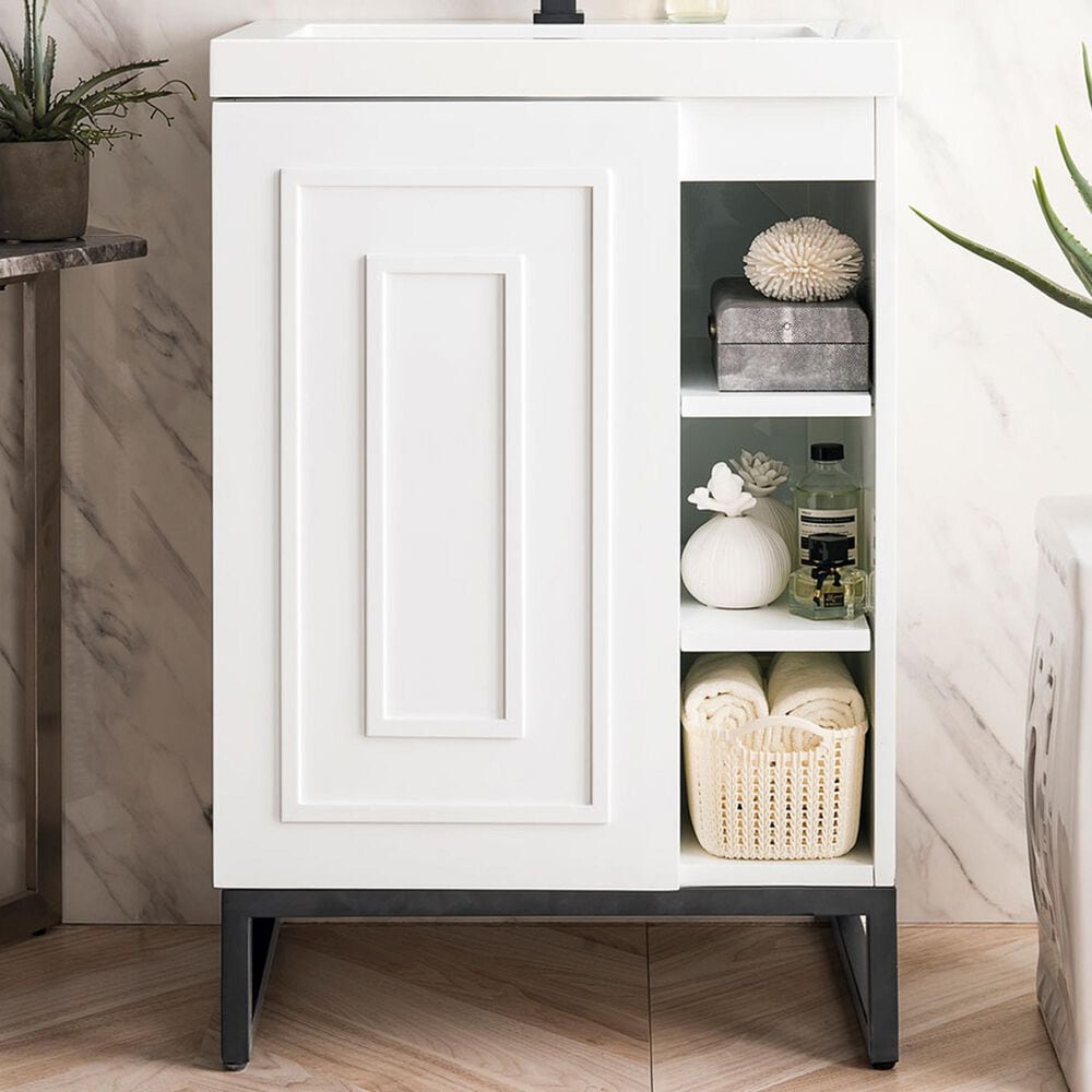 James Martin Vanities Alicante 24&quot; Single Bathroom Vanity in Glossy White and Matte Black with 5 cm White Glossy Resin Top and Rectangular Sink, , large