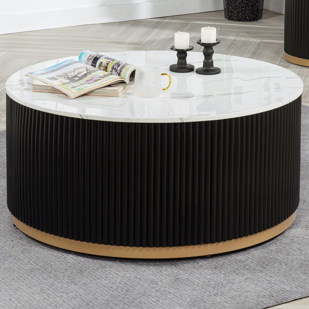 Crown Mark Kara Coffee Table with Casters in White Marble, Black and Gold, , large