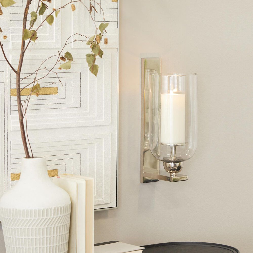 Maple and Jade 16&quot; Single Indoor/Outdoor Wall Mount Candle Holder in Polished Silver and Clear, , large