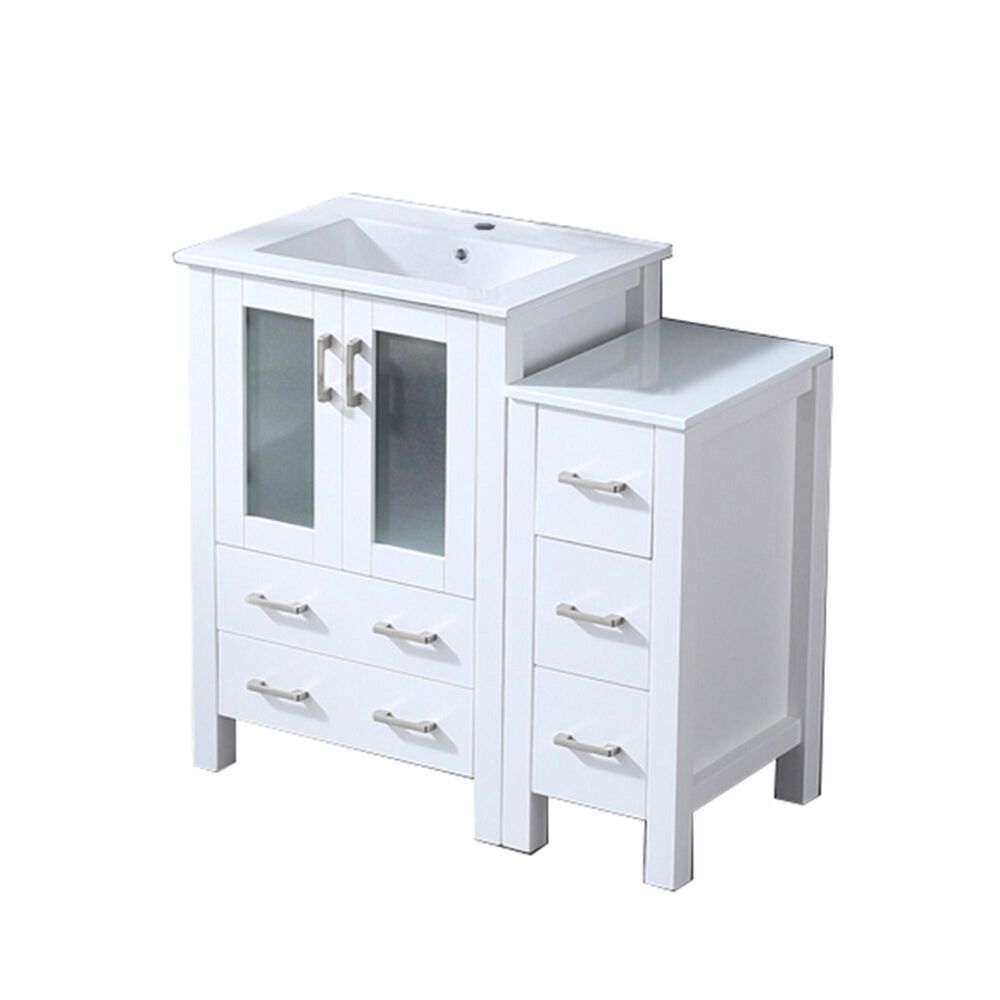 Lexora Home Volez 36&quot; Single Bathroom Vanity in White with White Ceramic Top and Rectangular Sink, , large