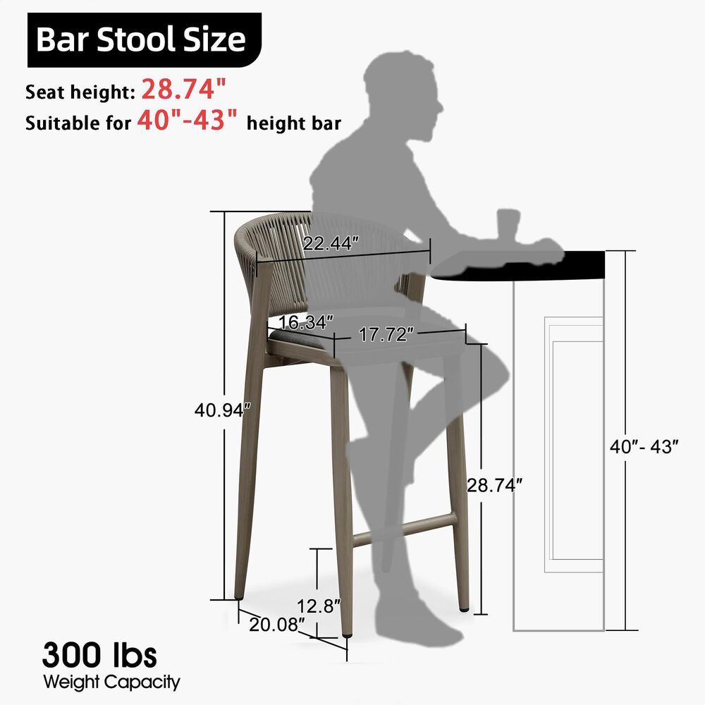 HOMLUX Outdoor Bar Stool with Open-Frame Backrest in Grey (Set of 2), , large