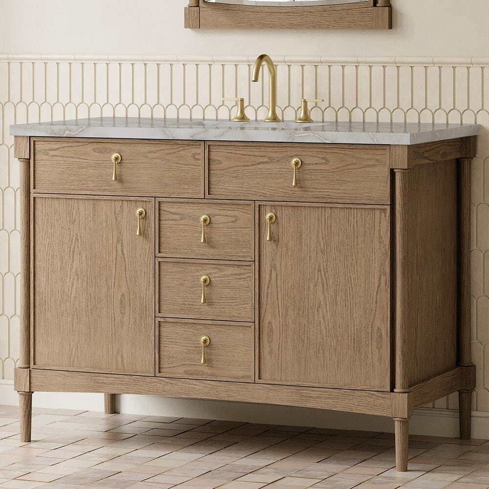 James Martin Kinnsden 48" Single Bathroom Vanity in Weathered Oak with 3 cm Victorian Silver Silestone Top, Rectangular Sink and FreePower Wireless Charger, , large