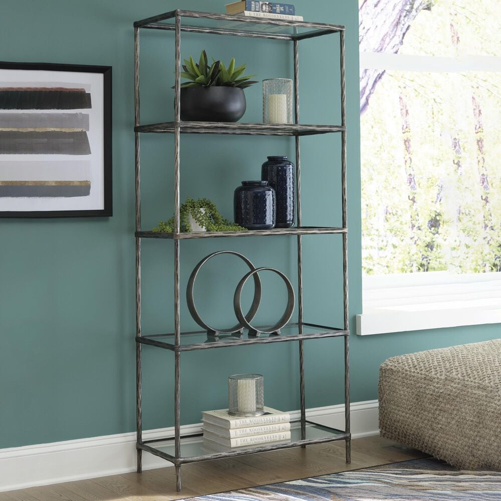 Ashley Ryandale 5-Shelf Bookcase in Antiqued Pewter and Clear, , large