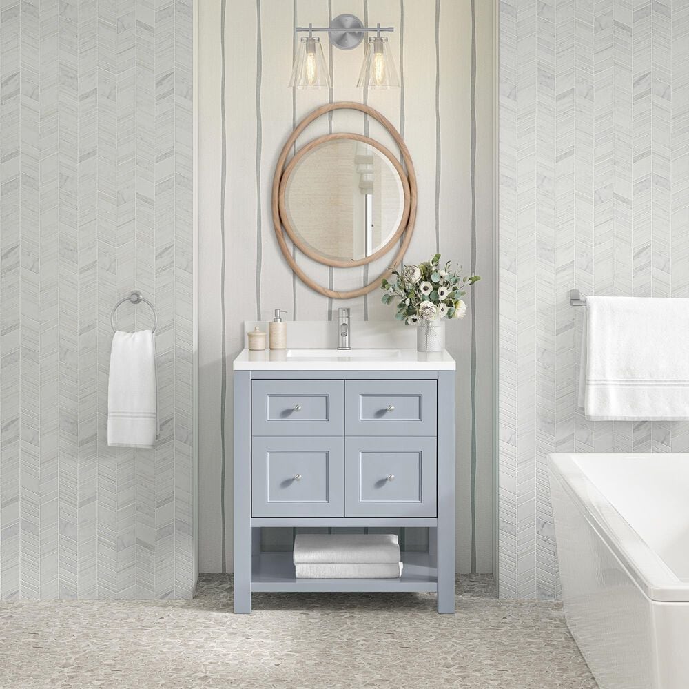 James Martin Vanities Breckenridge 30&quot; Single Bathroom Vanity in Serenity Blue with Single Hole 3 cm White Zeus Quartz Top and Rectangular Sink, , large