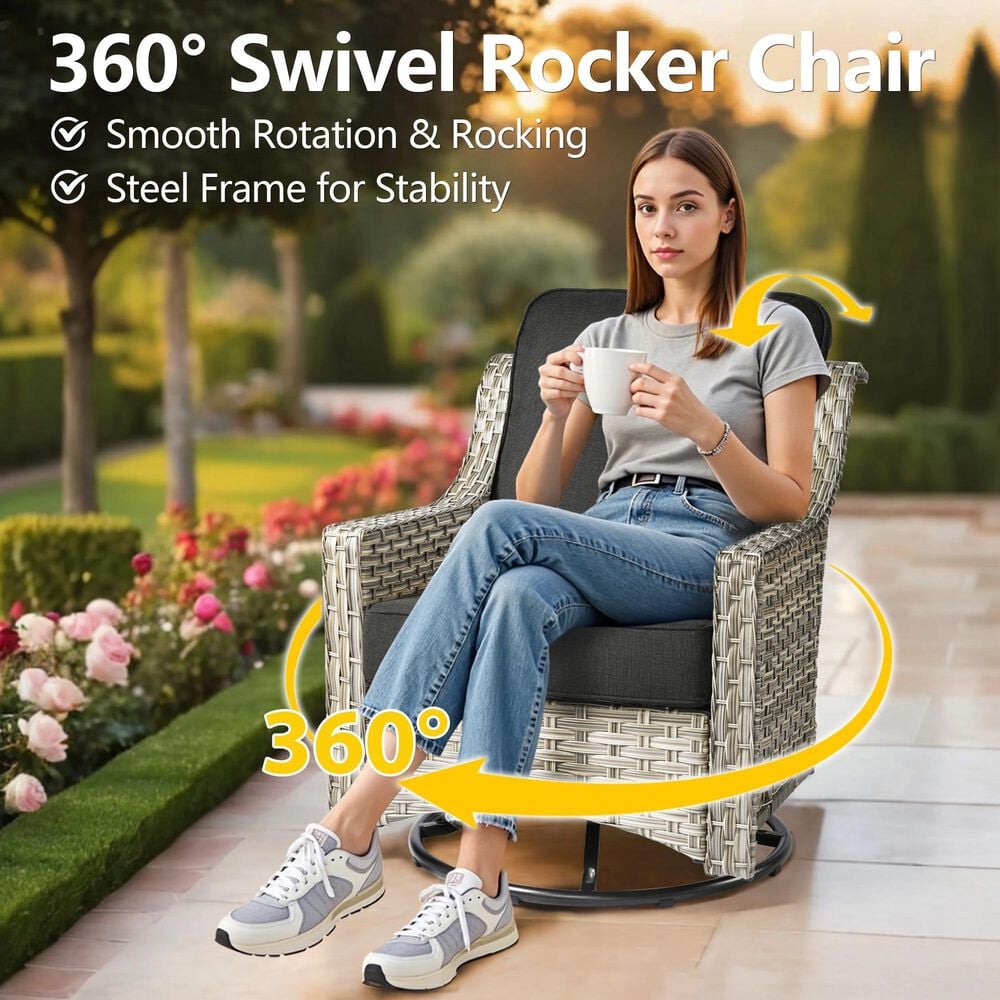 HOMLUX 3-Piece Outdoor Swivel Rocking Chair Set and Side Table in Black, , large