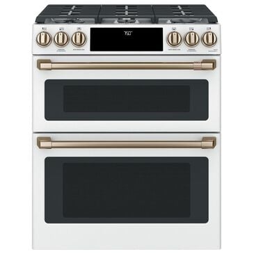 Cafe 30" Slide-In Gas Double Oven with Convection Range in Matte White with Brushed Bronze Handle, , large