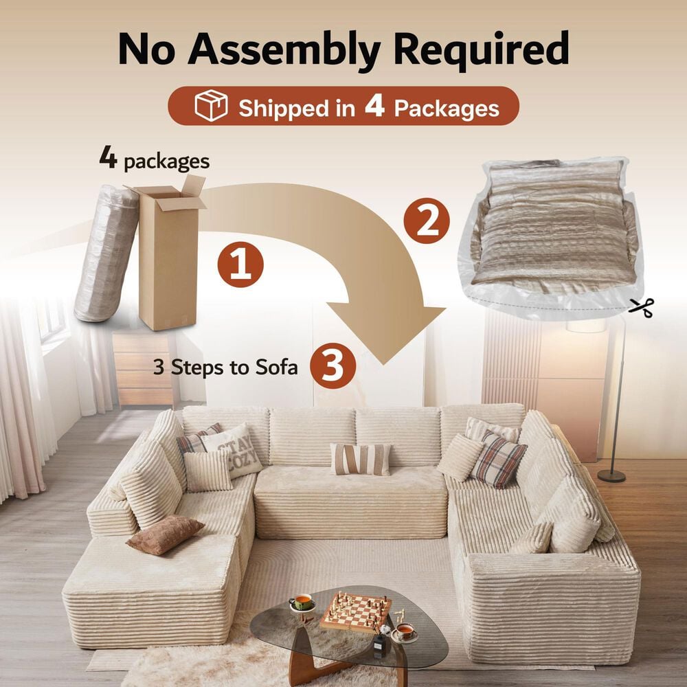 HOMLUX Modular Floor Sofa with Plush Corduroy, Big Comfy U-Shaped Sectional Couch in Beige, , large