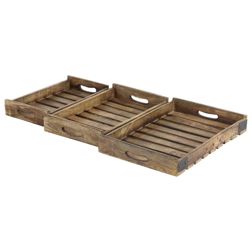 Maple and Jade Farmhouse Wood Slat Tray in Brown &#40;Set of 3&#41;, , large