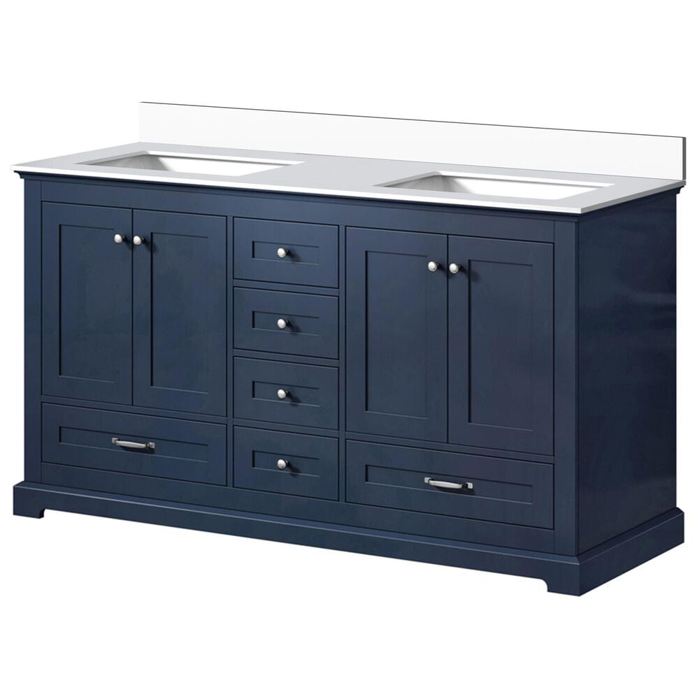 Lexora Home Dukes 60" Double Bathroom Vanity in Navy Blue with 2 cm White Quartz Top and Rectangular Sinks, , large