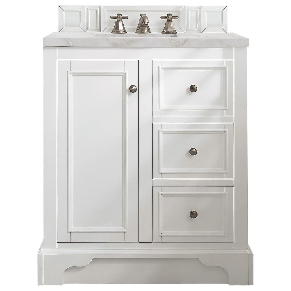 James Martin Vanities De Soto 30" Single Bathroom Vanity in Bright White with 3 cm Victorian Silver Quartz Top and Rectangular Sink, , large