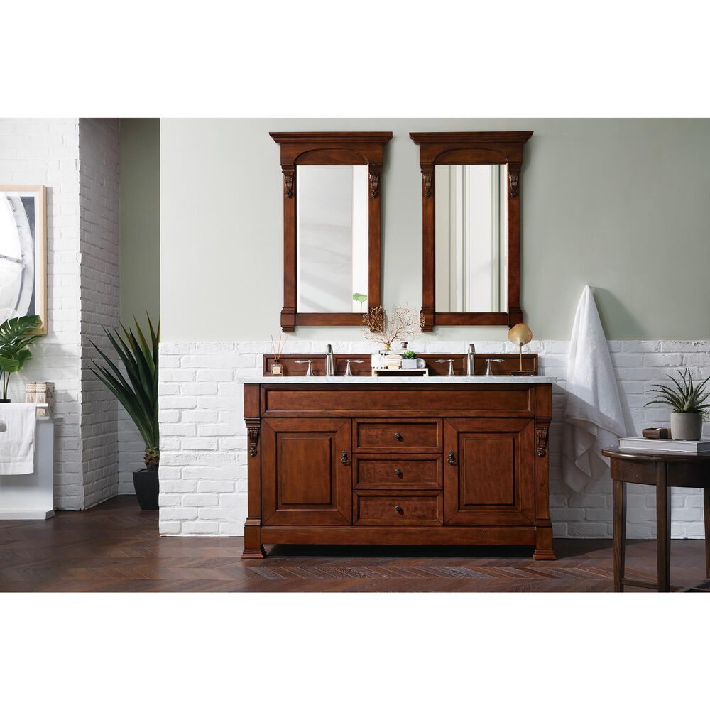James Martin Vanities Brookfield 60&quot; Double Bathroom Vanity in Warm Cherry with 3 cm Carrara White Marble Top and Rectangle Sink, , large