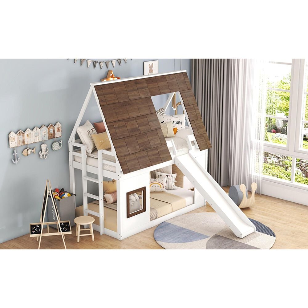 Hearth and Haven Twin over Twin House Bunk Bed with Roof in White and Brown, , large