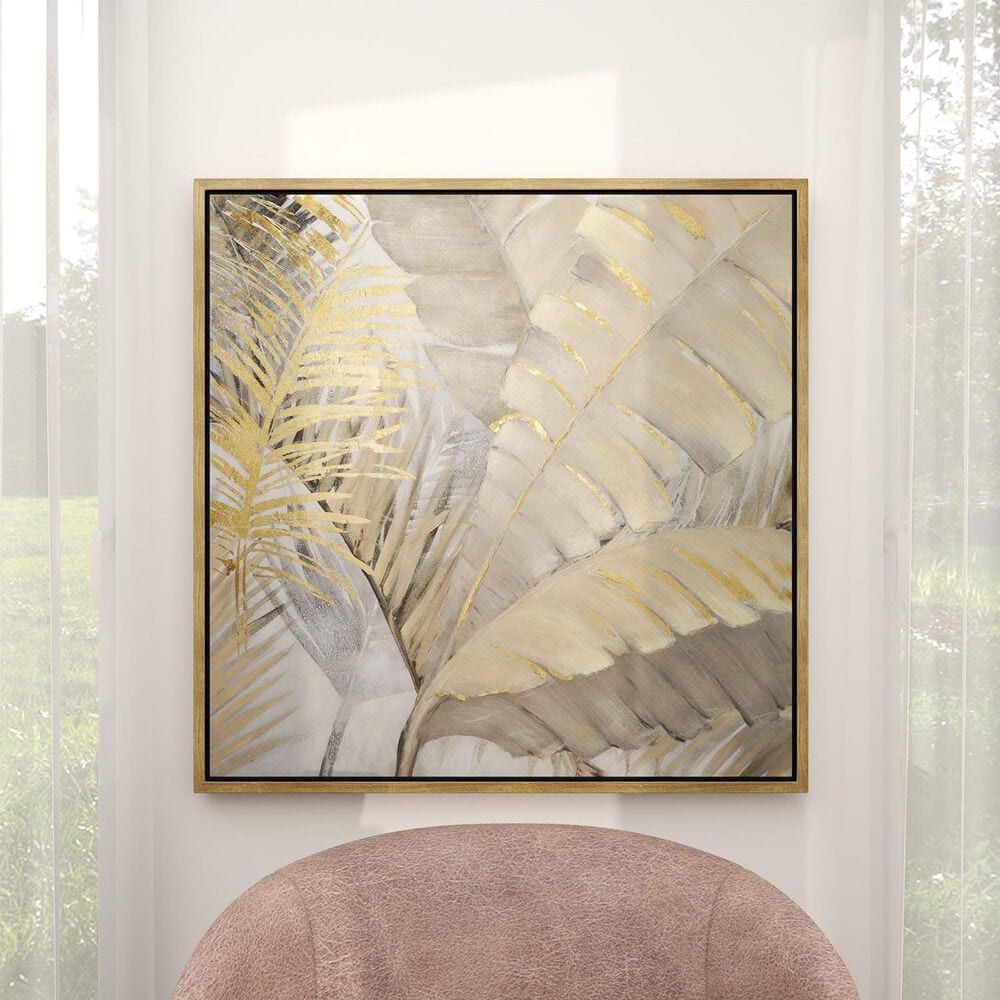 Maple and Jade 40&quot; x 40&quot; Square Palm Tree Metallic Layered Leaf Framed Wall Art in Brown, Black, Beige, Gray and Gold, , large