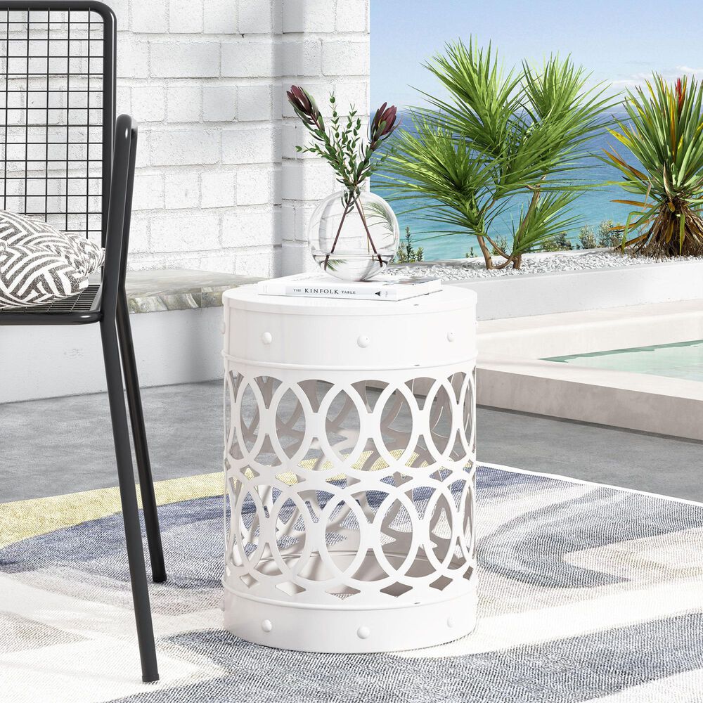 Hearth and Haven Large Cylindrical-Shaped Iron Patio End Table in White, , large
