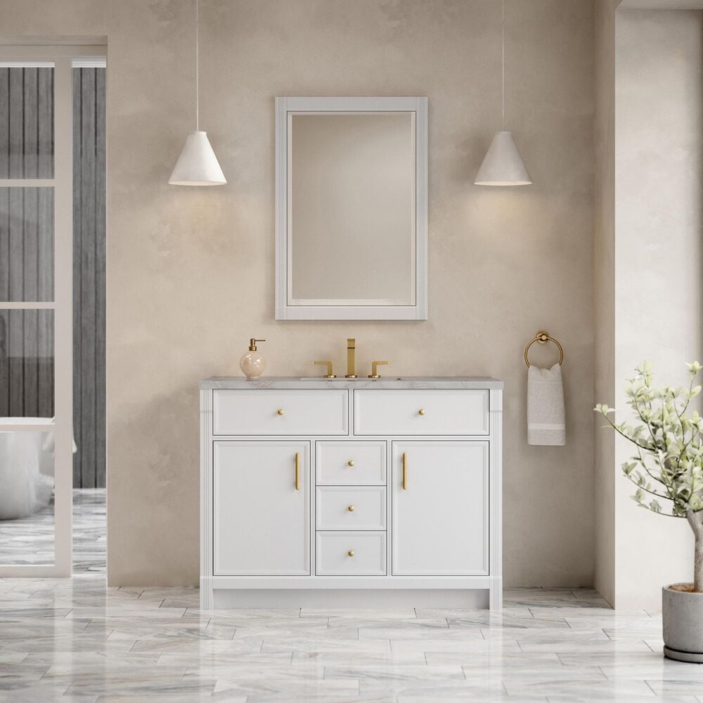 James Martin Bellshire 48" Single Bathroom Vanity in Bright White with 3 cm Victorian Silver Silestone Top, Rectangular Sink and FreePower Wireless Charger, , large