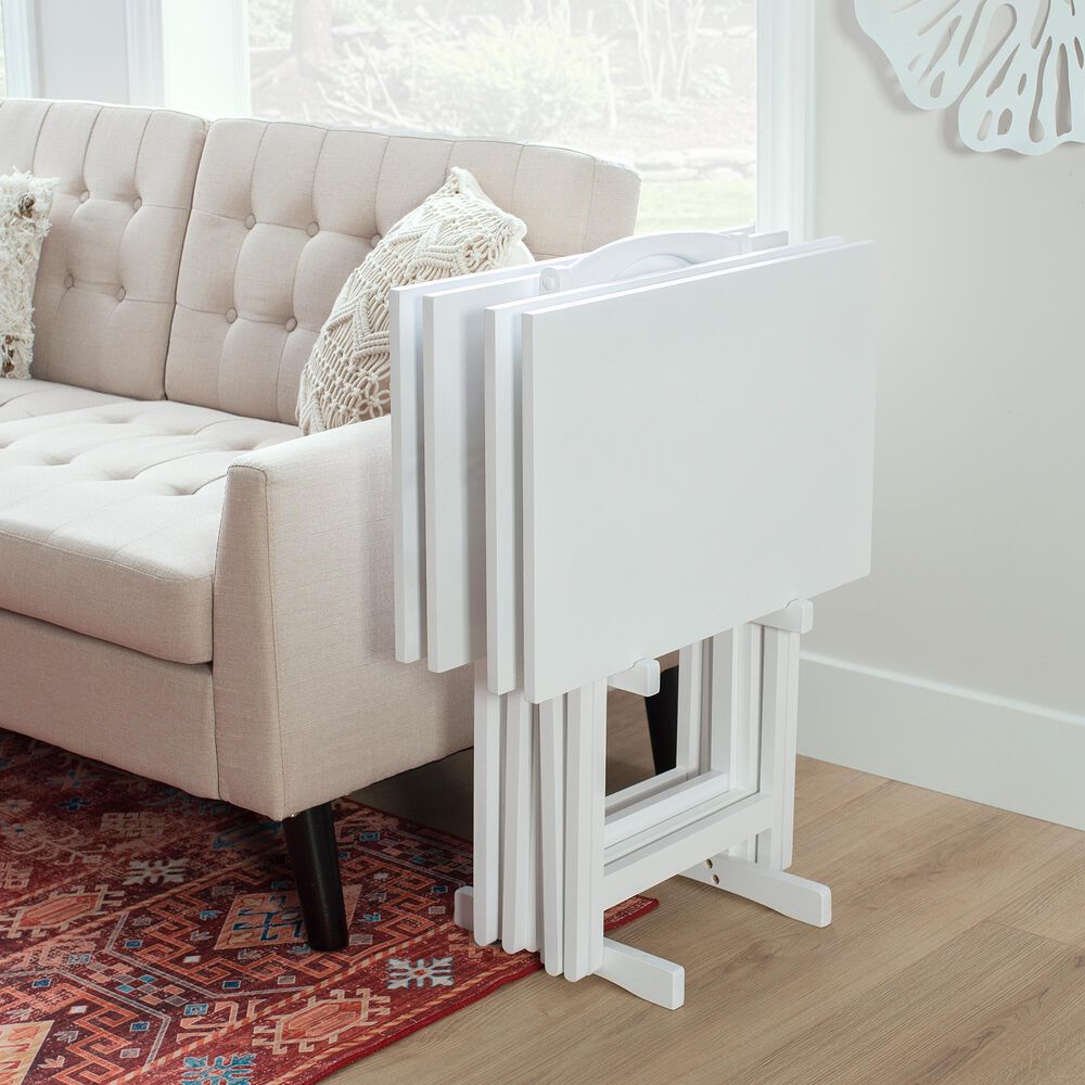 Linden Boulevard Taneli Tray Table Set with Stand in White &#40;Set of 4&#41;, , large