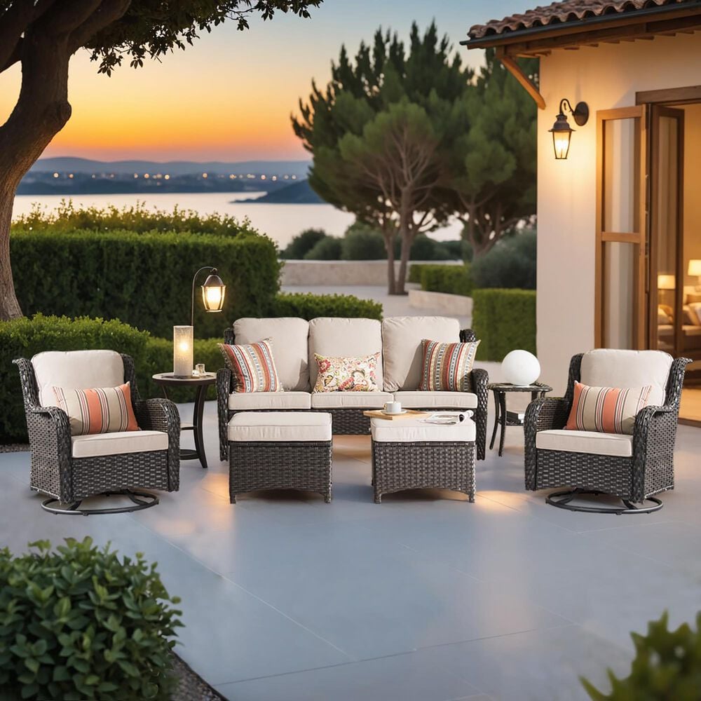 HOMLUX HOMLUX 6-Piece Patio Furniture Set with Swivel Rocking Chairs, High Back Outdoor Wicker Sofa Couch, Brown Rattan in Beige, , large