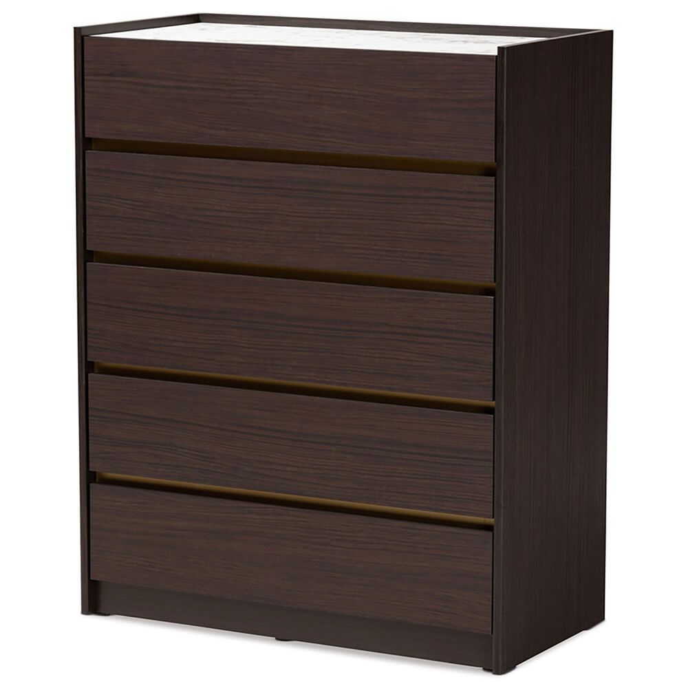 Baxton Studio Walker 5 Drawer Storage Chest in Brown/Marble/Gold, , large