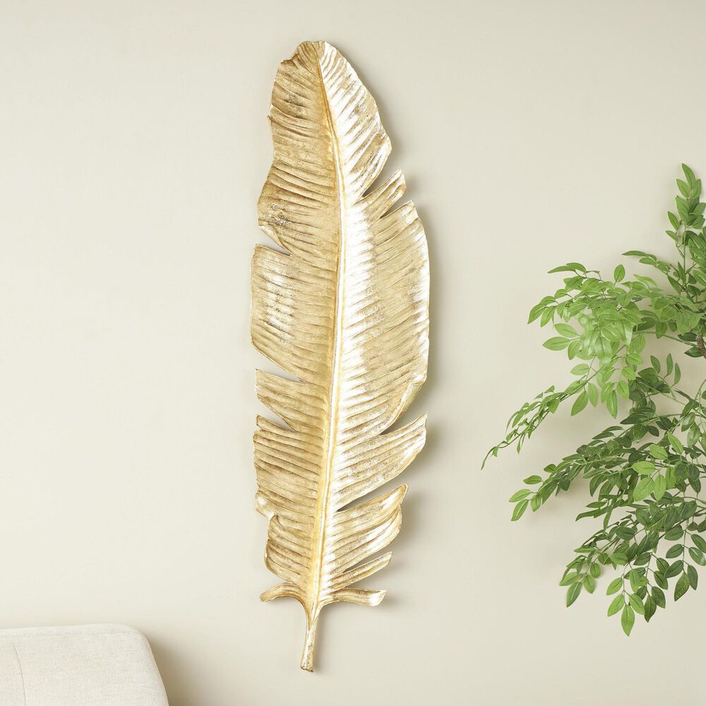 Maple and Jade 47&quot; x 14&quot; x 3&quot; Polystone Bird Large Feather Wall Decor in Gold, , large